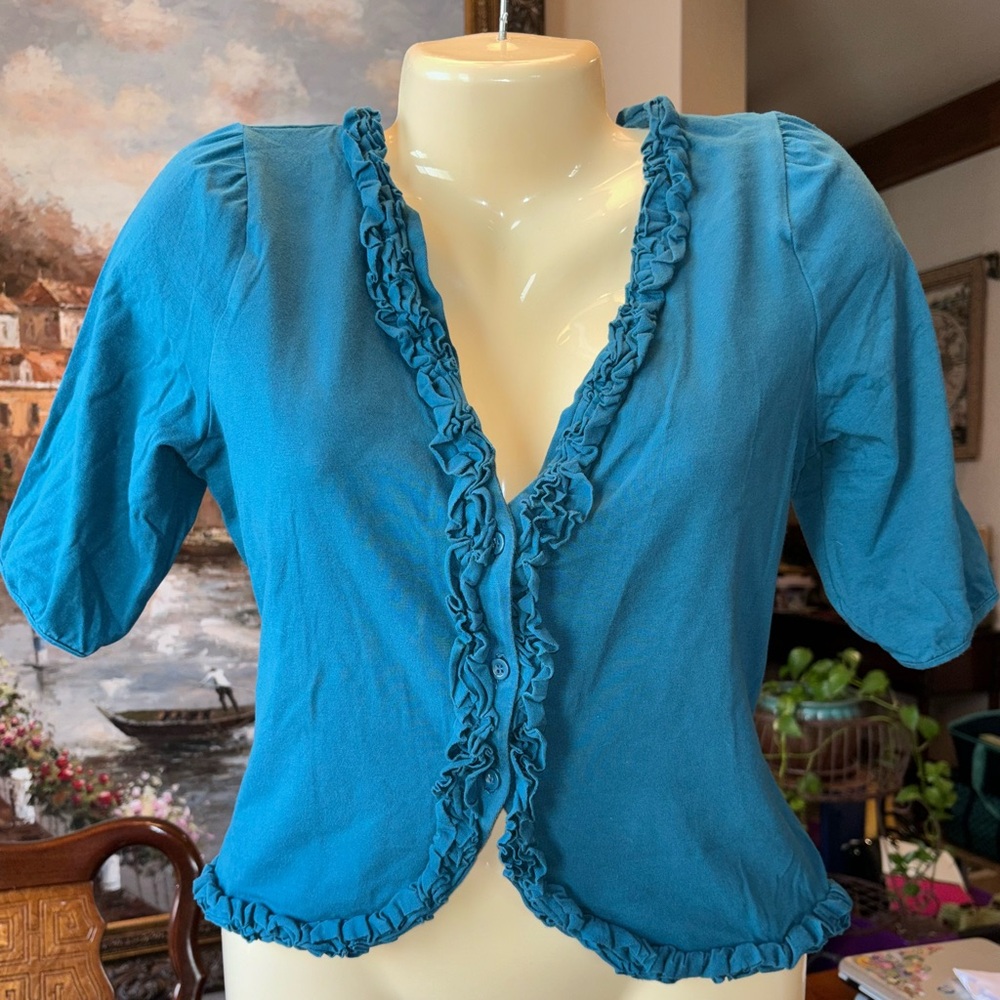 ROMY Teal Ruffled Crop Cardigan Sz L